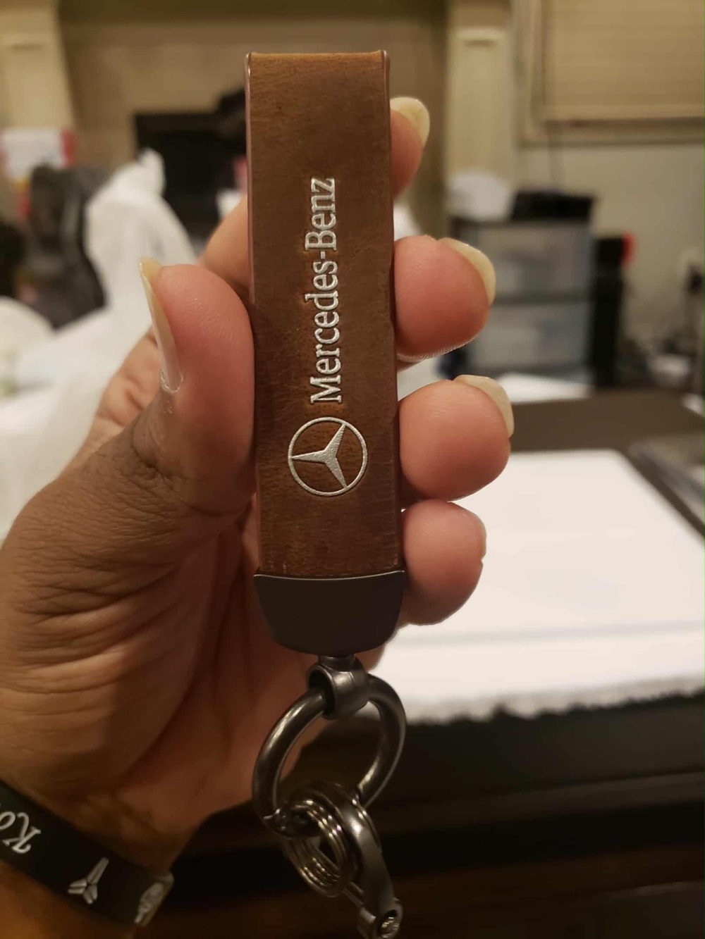 MERCEDES BENZ Brown & Silver Leather Dark Gray Keychain